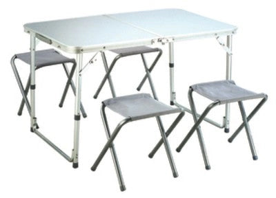 SET CAMPEGGIO TAVOLO + 4 SGABELLI PIEHEVOLE RICHIUDIBILE IN ALLUMINIO