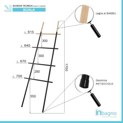 Scala Porta Asciugamani Moderna in Acciaio Nero con Inserti in Legno H 170 cm
