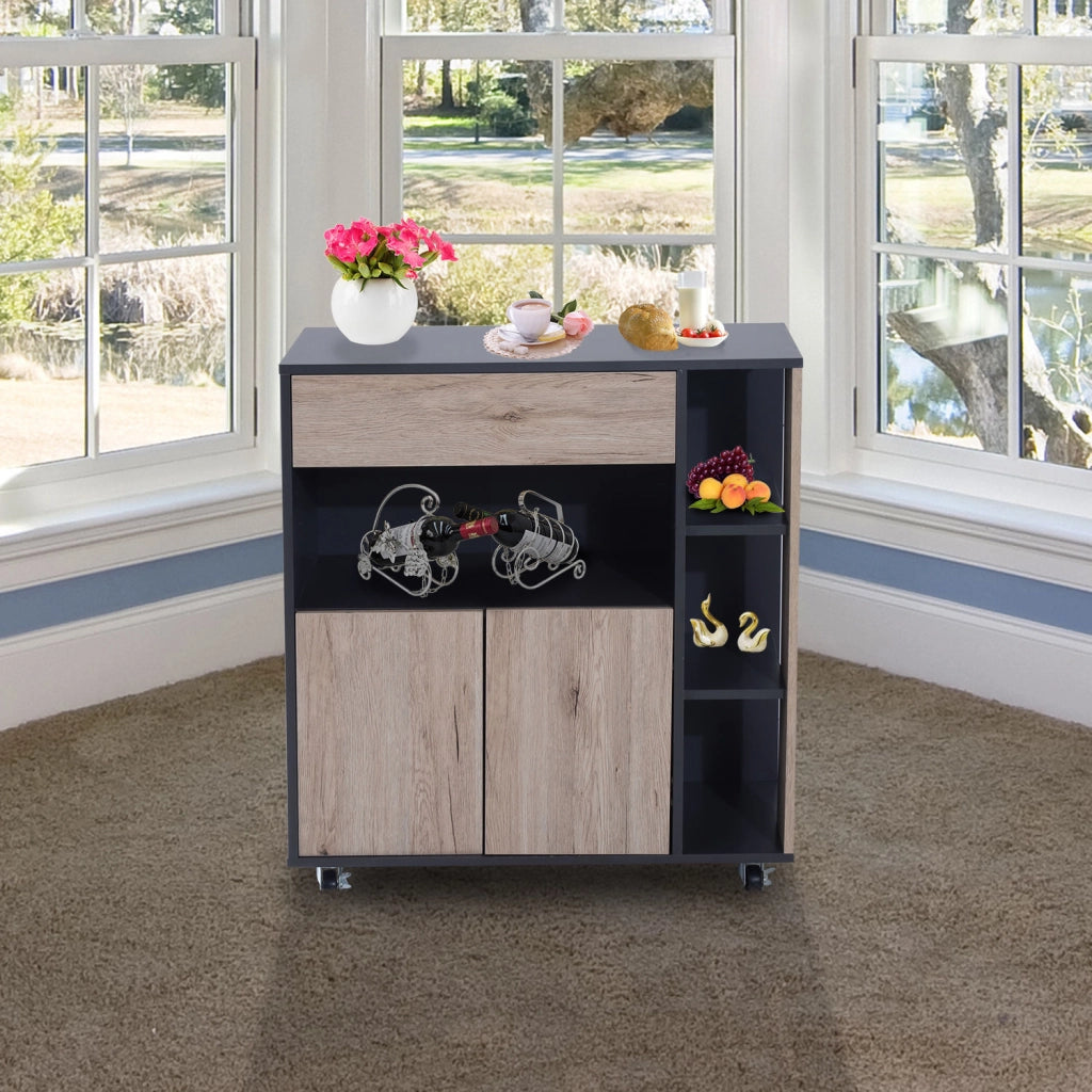 EasyComfort Carrello da Cucina Multiuso con Cassetto, Armadietto e Scaffale, 80x39x86.5cm, Legno e Nero