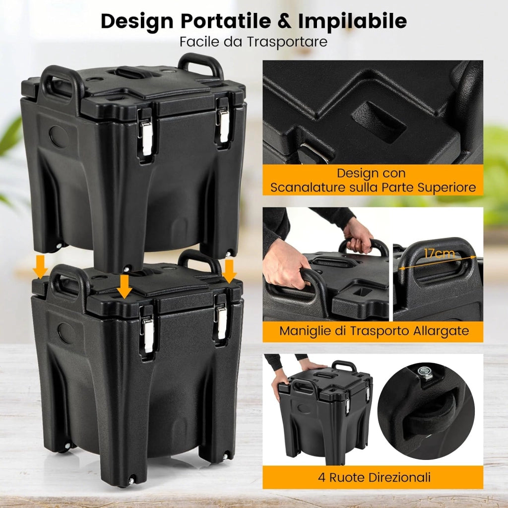 30 L Contenitore Termico Portatile per cibi e bevande, contenitore per alimenti in Acciaio Inox con 2 Maniglie e 4 Ruote, Thermos per Alimenti per Catering Campeggio, Nero