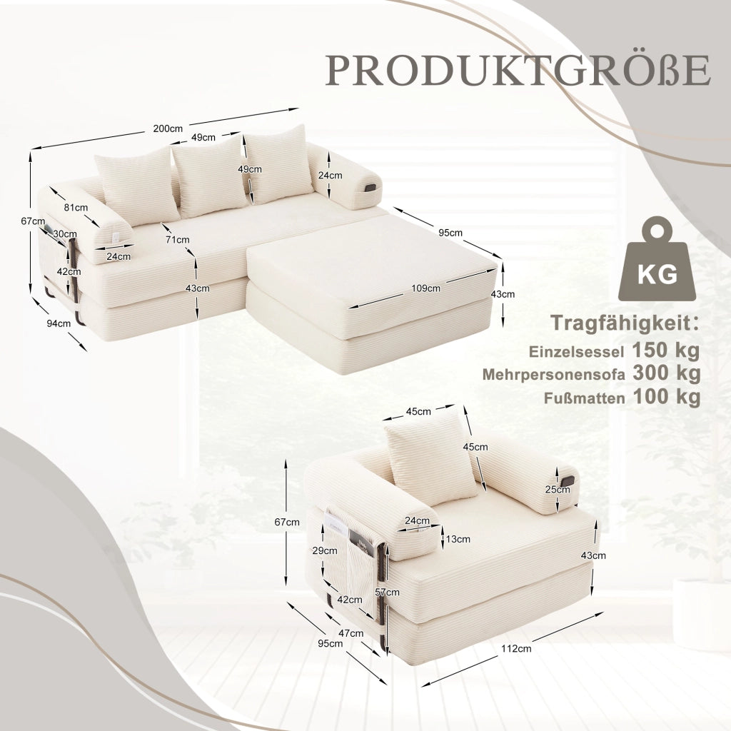 DIVANO modulare in velluto a coste beige con pouf