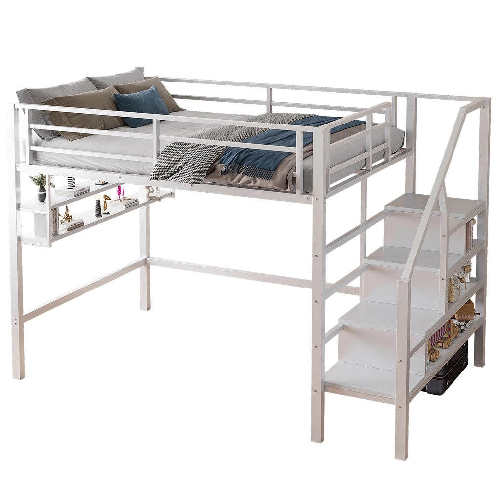 Letto a Soppalco 140x200 ¨C MINIMAL ¨C Bianco, con Scaletta Contenitore e Rete a Doghe, senza Materasso