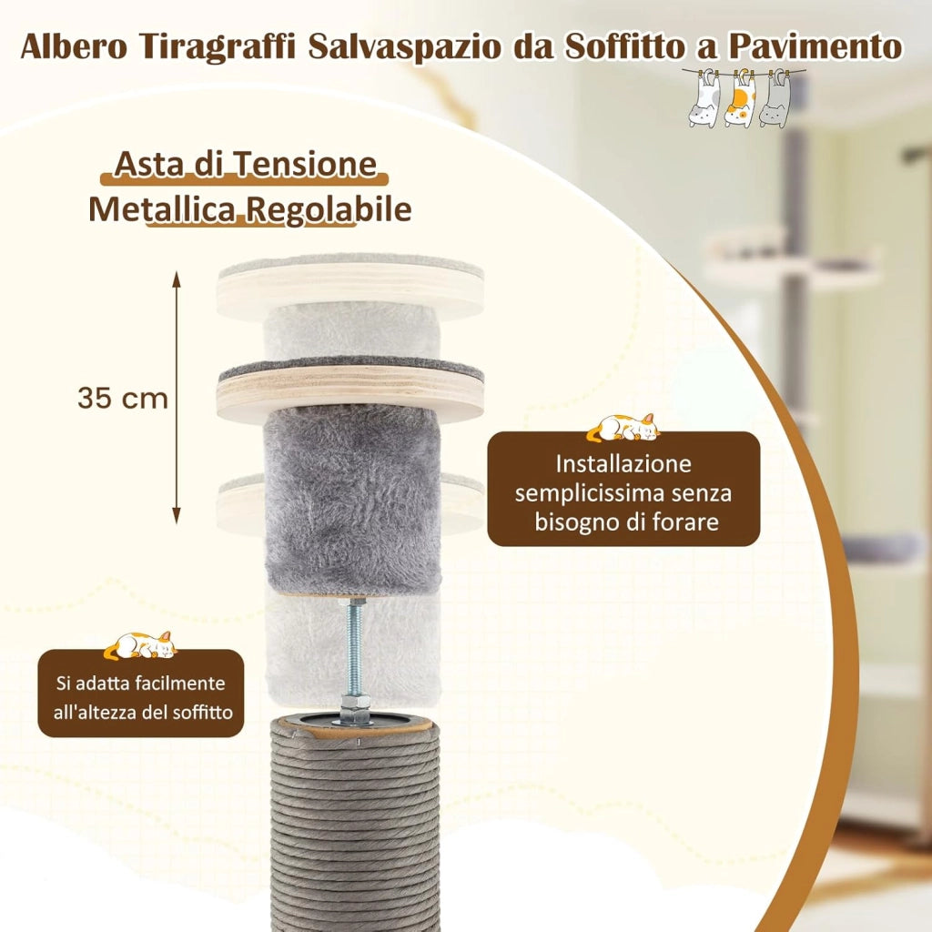 Albero per Gatti da Pavimento a Soffitto con Altezza Regolabile 236-271 cm, Tiragraffi per Gattini in Legno a 5 Livelli con Ripiano, Letto Peluche, Amaca e Pali Tiragraffi, Mobile per Gatti da Interno