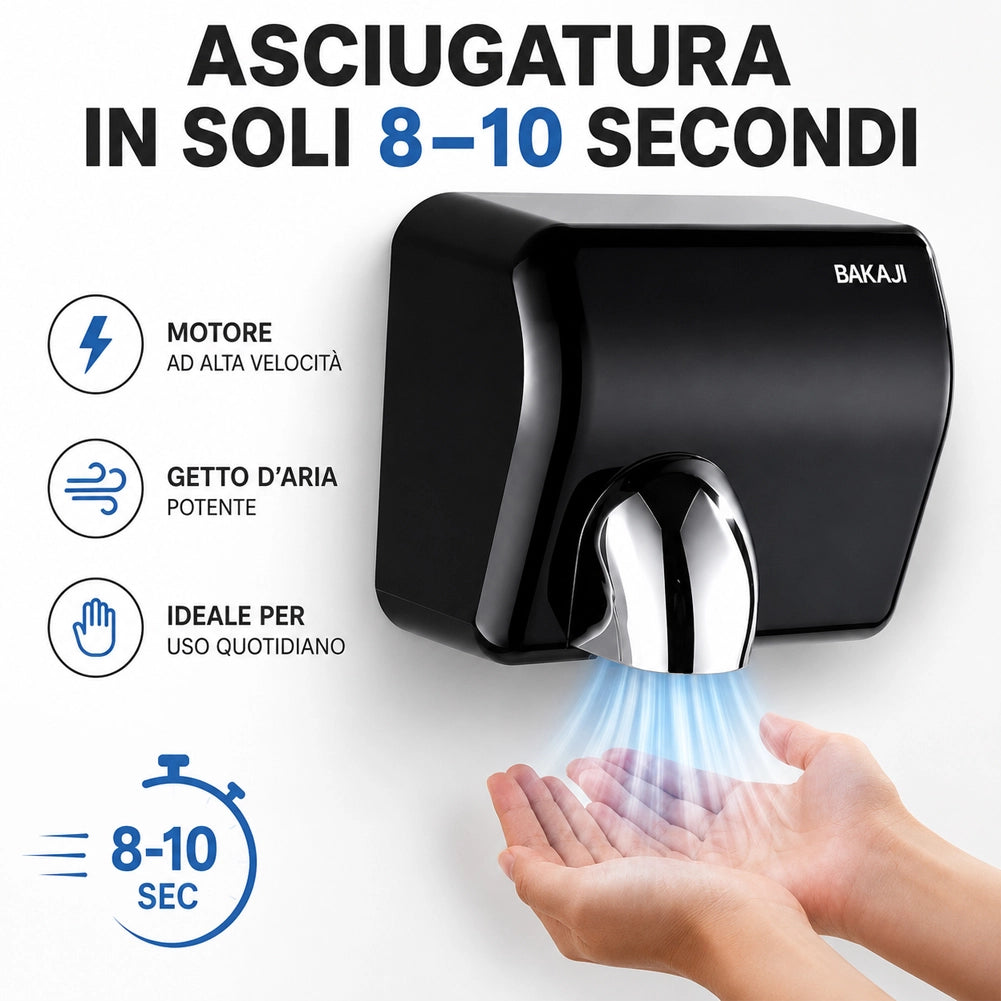 Asciugamani Elettrico Nero da Hotel Aria Calda a Parete 2300W con Fotocellula