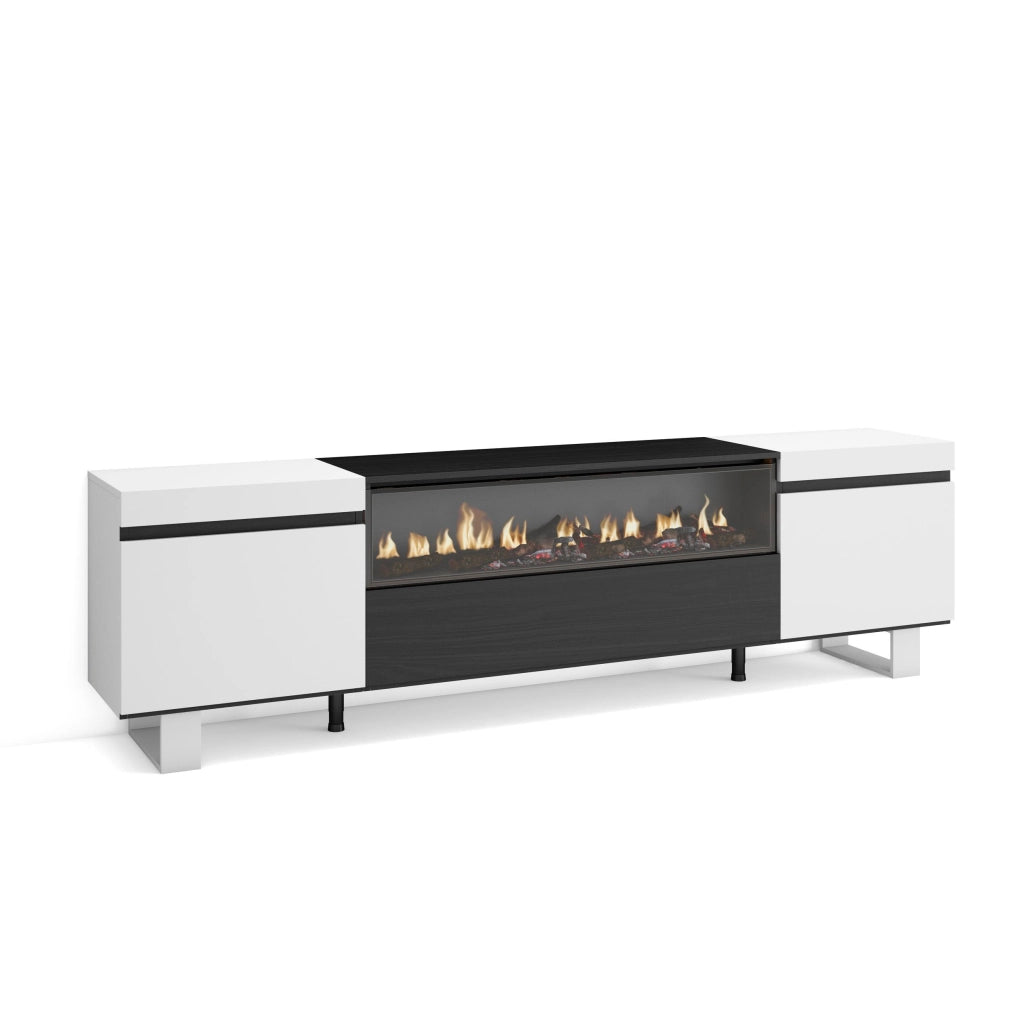 Mobile TV, 200x35x57cm, soggiorno, Per TV fino a 80", Camino elettrico, Design industriale, Bianco e nero RF2170
