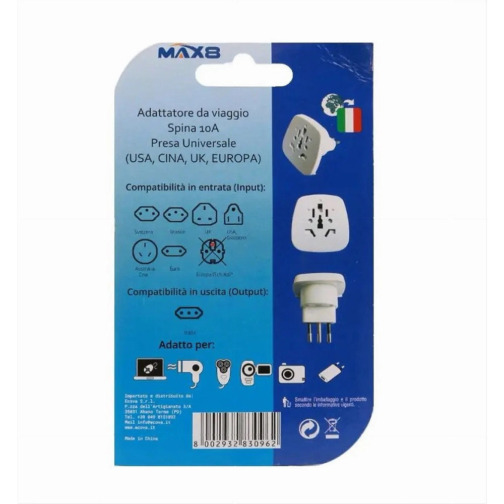 Trade Shop - Adattatore Universale Da Viaggio Con Spina 10a 2p+t Presa Colore Bianca 83096 -
