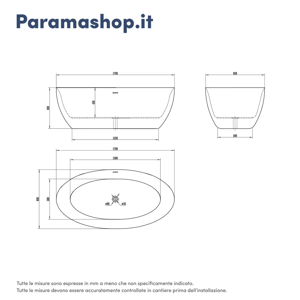 Vasca da bagno freestanding 170cm bianco lucido Mod. Leonor