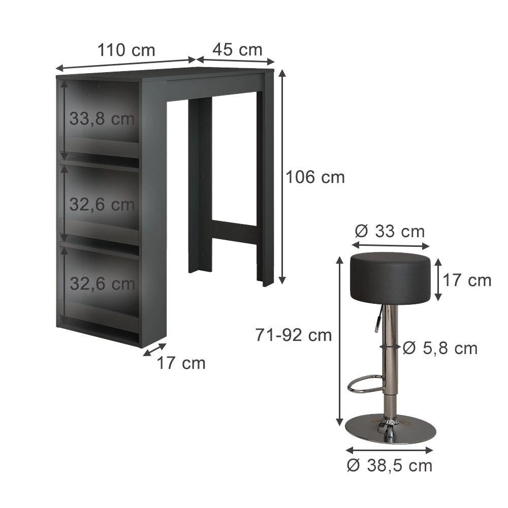 Vicco tavolo bar con sgabelli Antracite 45 x 110 cm con 2 sgabelli da bar