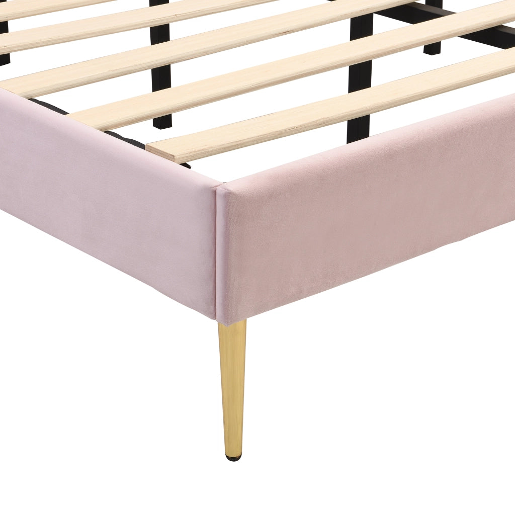 Letto imbottito in velluto rosa 140x190 cm con testiera regolabile e rete a doghe in legno