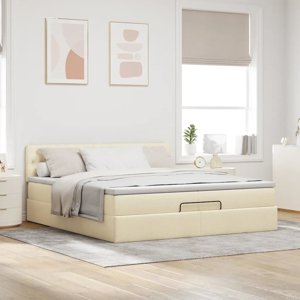 Struttura Letto Pouf con Materasso Crema 200x200cm in Tessuto
