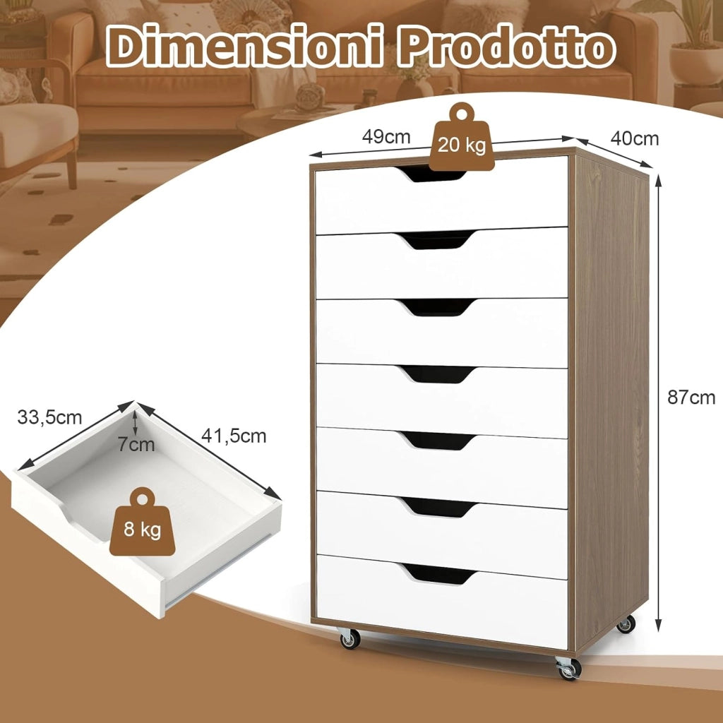 Cassettiera da Ufficio con 7 Cassetti, Mobiletto per Documenti con 4 Ruote Girevoli, Cassettiera da Scrivania in Legno per Ufficio e Soggiorno, 49 x 40 x 87 cm (Naturale + Bianco)