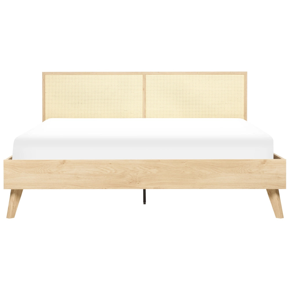 Letto matrimoniale in legno di pioppo chiaro con testiera in vimini 180 x 200 cm camera da letto moderna boho minimalista