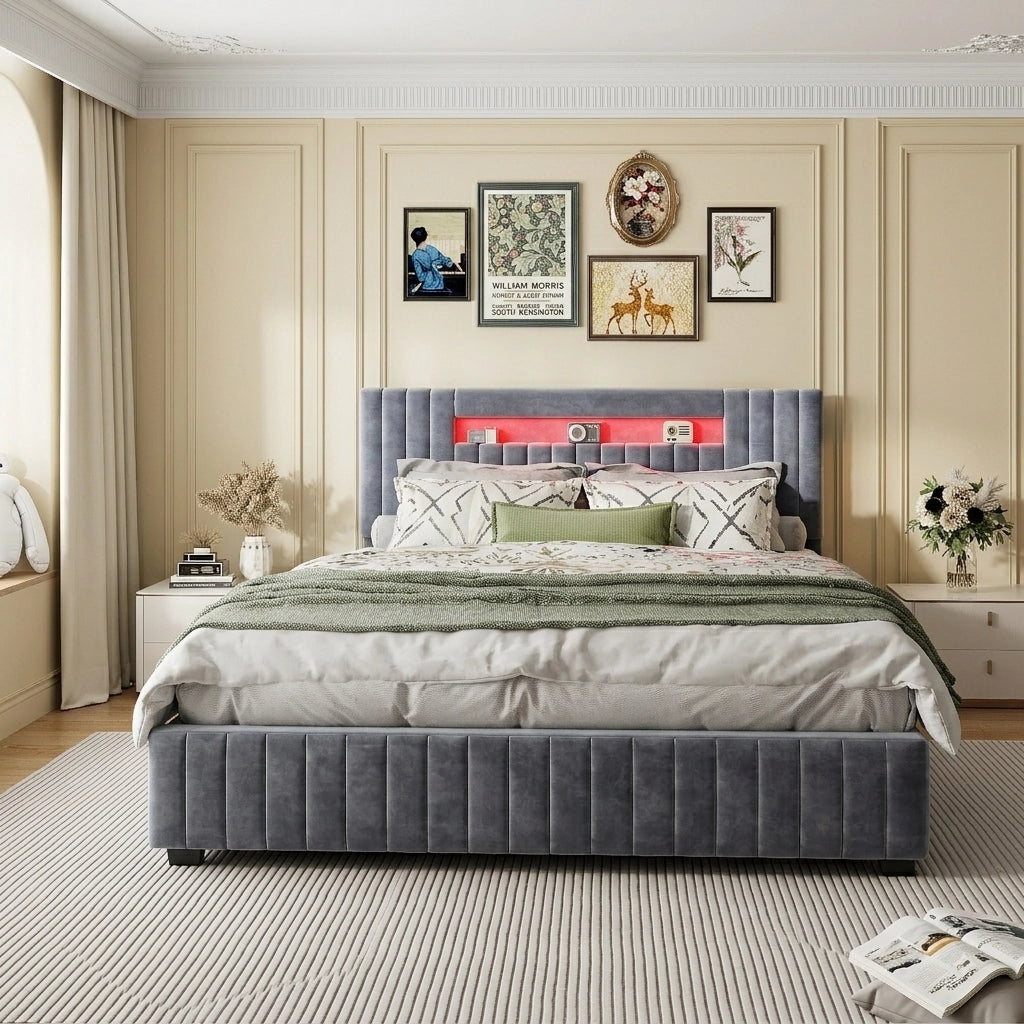 Letto matrimoniale contenitore 160x200 cm con testiera imbottita luce LED e rete a doghe struttura letto in velluto-grigio