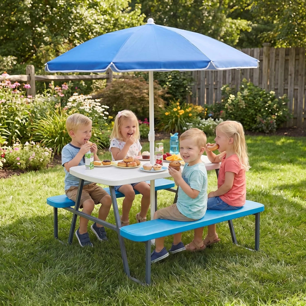 Tavolo da Picnic per Bambini, Set Tavolo e Panche da Giardino con Ombrellone Regolabile in Altezza, Struttura in Metallo e Borsa per Campeggio e Picnic per Bambini 3-8 Anni