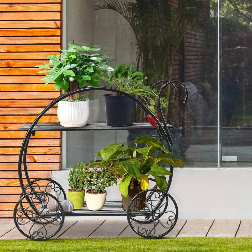 Scaffale per Piante in Metallo, Scaffale Portavasi a 2 Livelli con 4 Ruote, Porta Fiori da Interno ed Esterno per Soggiorno, Giardino e Balcone