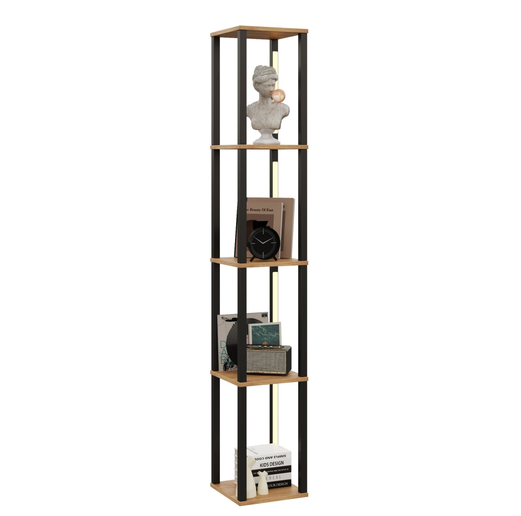 Scaffale a colonna LED 4 ripiani MDF nero e legno 26x26x165 cm