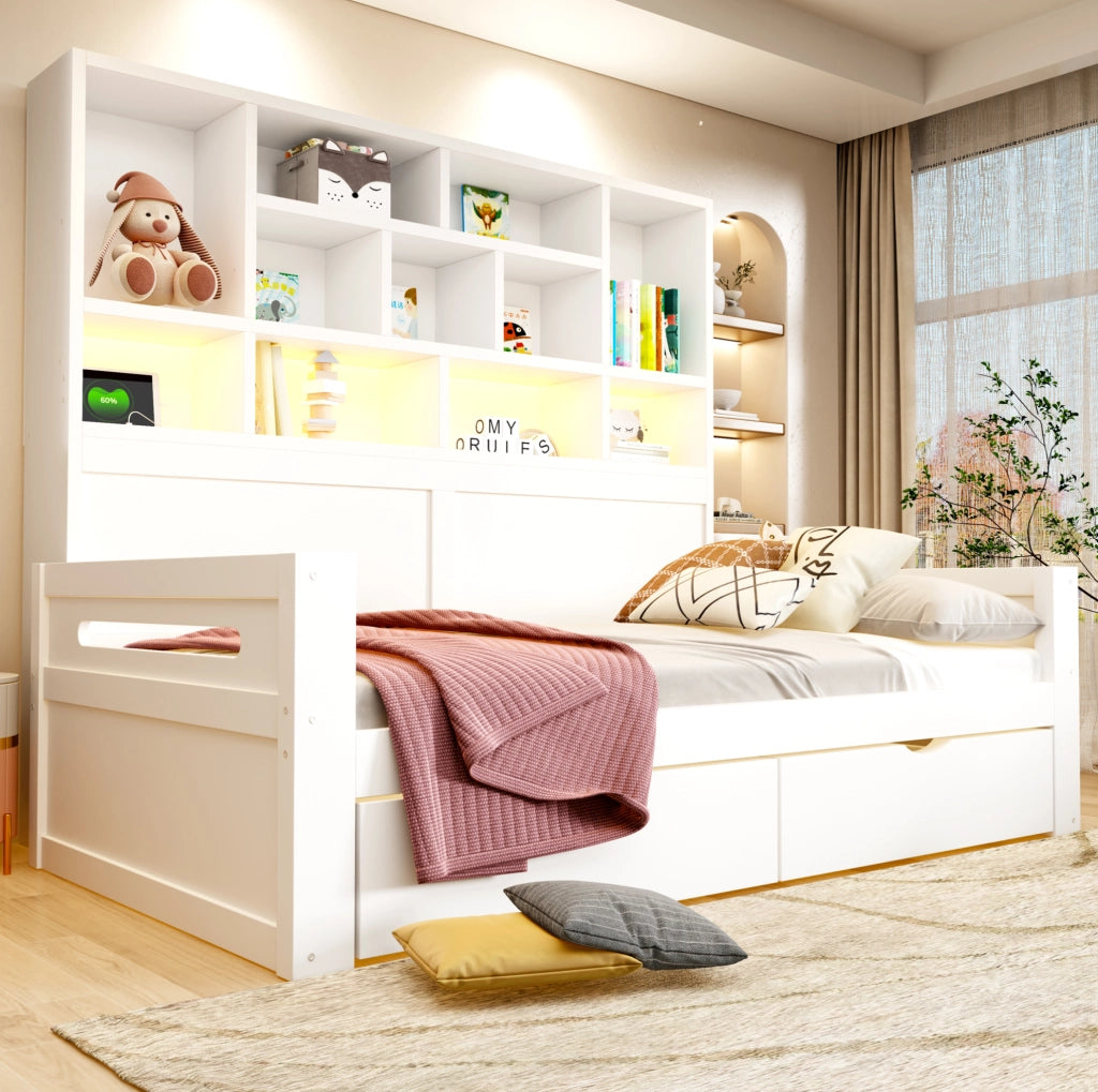 Letto singolo multifunzione 90x200 cm con LED; prese e 2 cassetti in MDF bianco