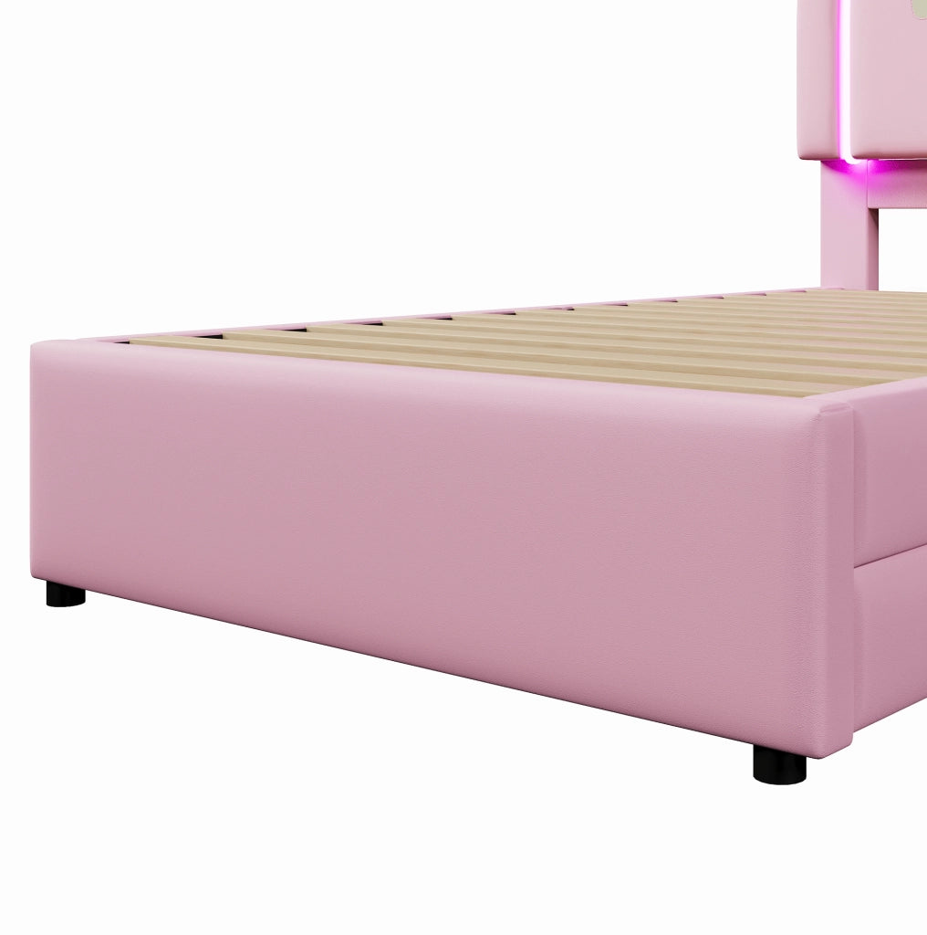 Letto imbottito 90x200 cm con barra LED; 2 cassetti; PU e MDF; rosa