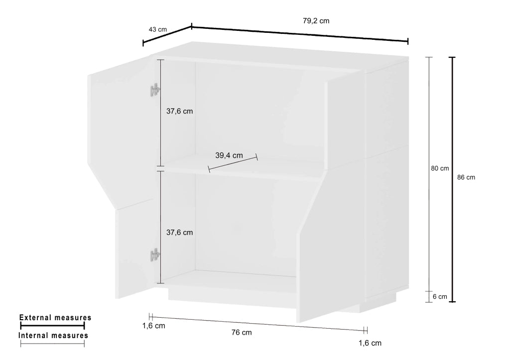 Credenza 80x43cm madia bianca 2 vani soggiorno camera cucina Adara