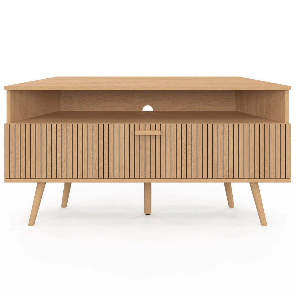 IDMarket - Mobile TV angolare JULIETTE 110 cm con 1 anta a doghe effetto rovere