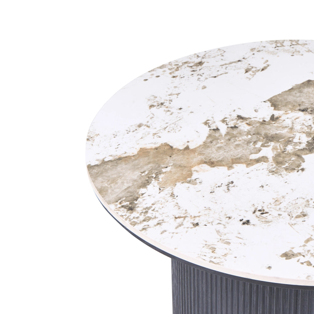 Tavolino con base in MDF e piano in marmo bianco ceramico Design moderno Gambe scanalate ø 80 cm Nero