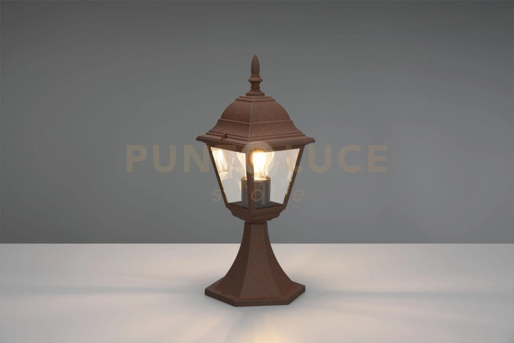 LIVENZA PALO SEGNAVIALI DA ESTERNO 4 LATI FUSIONE DI ALLUMINIO RUGGINE E VETRO TRASPARENTE H. 36,5CM IP44 1 LUCE ATTACCO E27