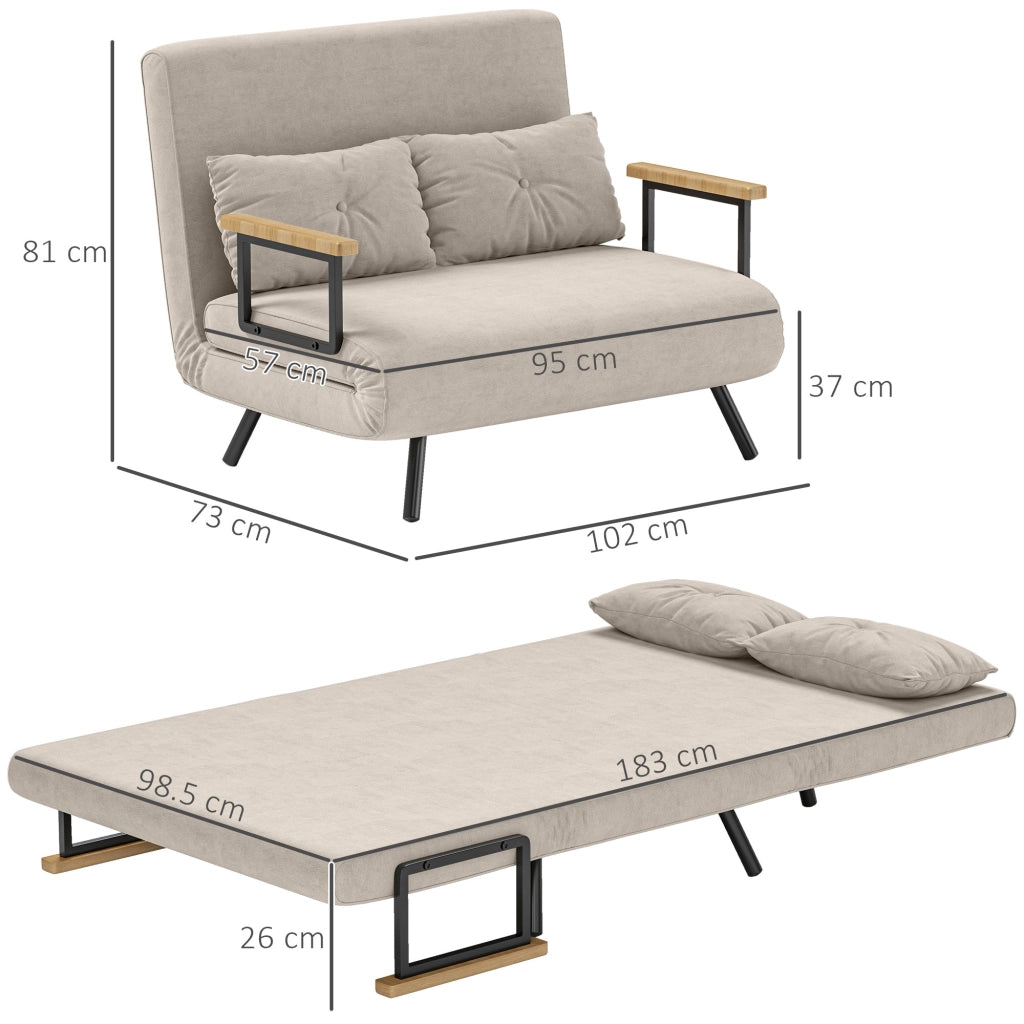 Divano Letto 3 in 1 in Tessuto Effetto Velluto con Schienale Regolabile e 2 Cuscini, 102x73x81 cm, Bianco Crema