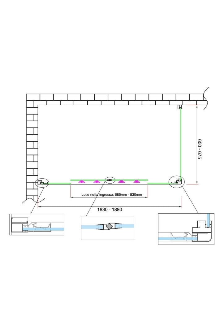 Box doccia 6 mm H 190 parete fissa e porta a 4 ante con apertura centrale MISURA 65-67,5 ANTA FISSA + PORTA 183-188