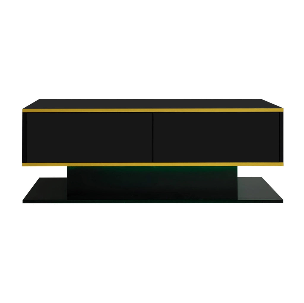 Tavolino da caffè moderno 100x50x40 cm nero con finiture oro, 3 cassetti e striscia LED USB