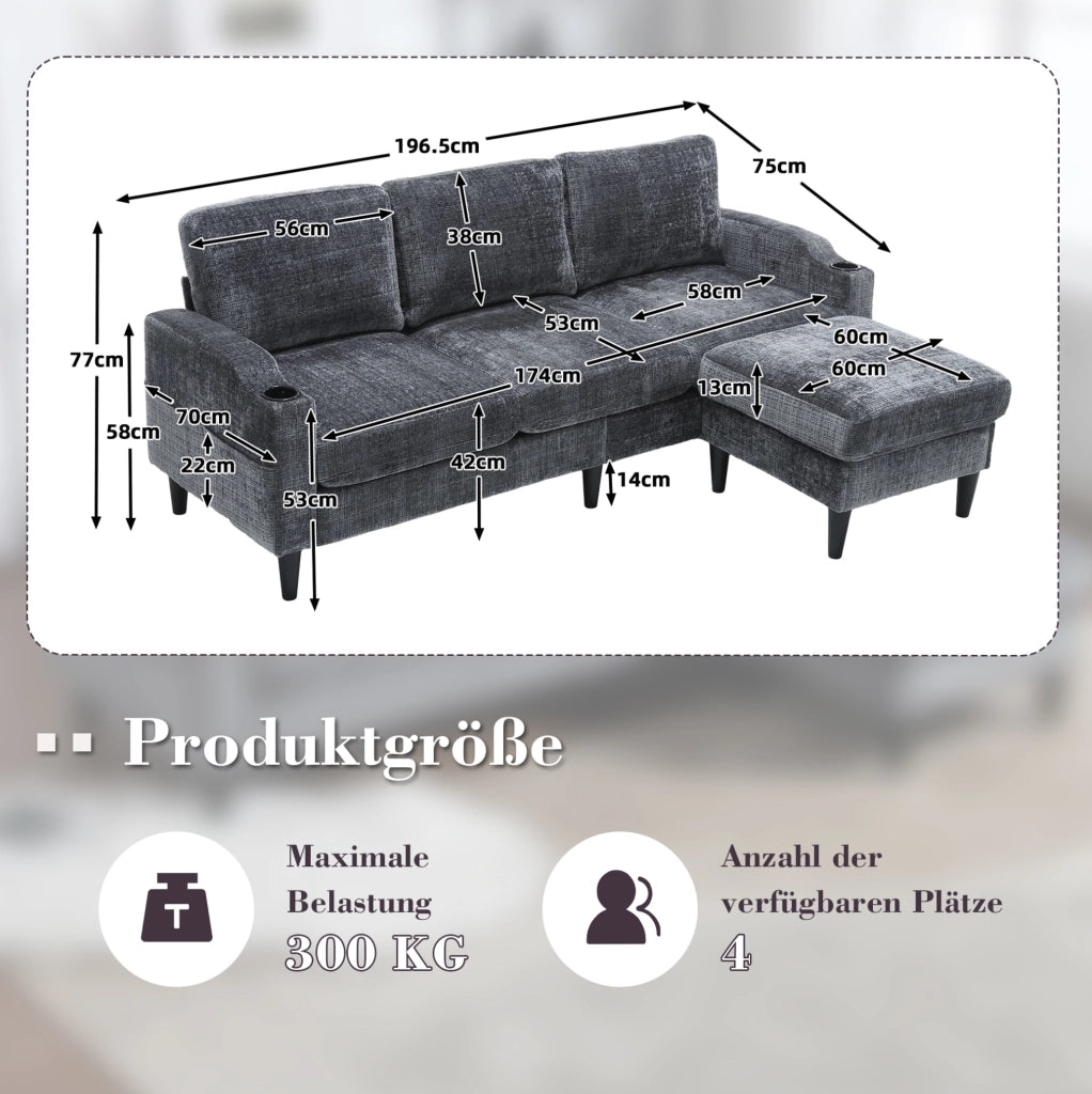 Divano 4 posti in ciniglia grigio con pouf contenitore