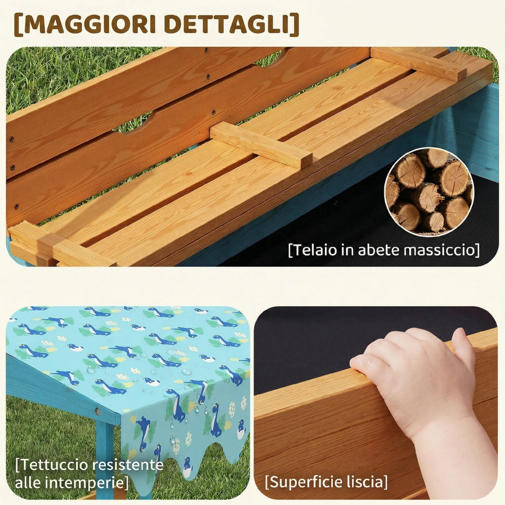 Sabbiera per Bambini 3-6 Anni con Tettuccio Dinosauri, Sedute Pieghevoli, Coperchio e Fodera Inclusa, Sabbionaia per Bambini in Legno di Abete, 134.5x127.5x130 cm, Blu