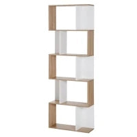 Scaffale Libreria a 5 Ripiani Suddivisi, Libreria Salvaspazio a Forma di S in Legno, Scaffale Divisorio per Soggiorno, Camera da Letto e Ufficio, 60x24x184.5 cm, Color Legno e Bianco