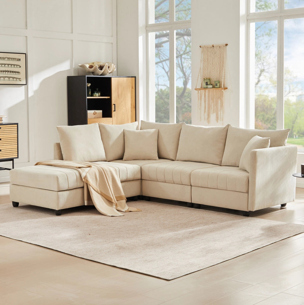 Divano modulare 5 posti beige con poggiapiedi trasformabile e molle indipendenti confortevole