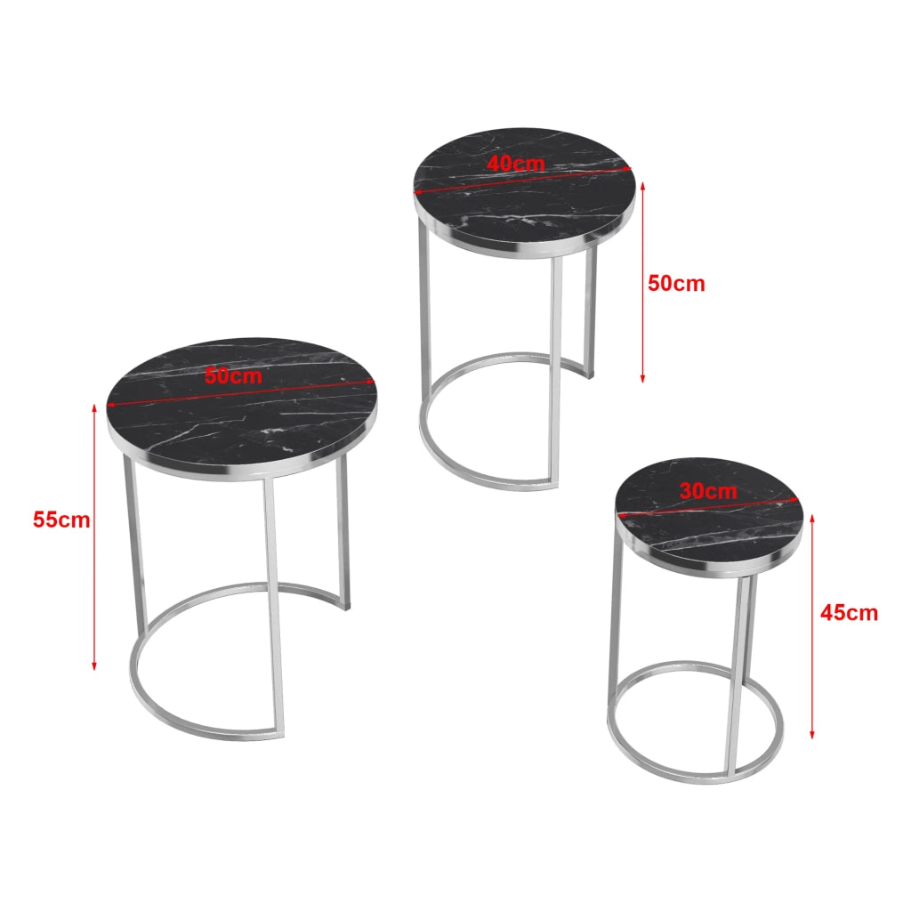 Set di 3 tavolini rotondi impilabili in marmo nero e argento 03_0008378