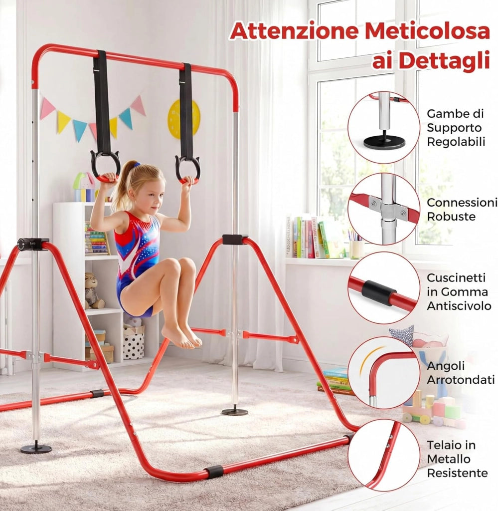 Sbarra Ginnastica Pieghevole per Bambini, Barra Ginnastica per Casa Regolabile a 4 Livelli con Anelli e Cuscinetti Antiscivolo, Attrezzatura Ginnastica per Bambini 3-12 Anni