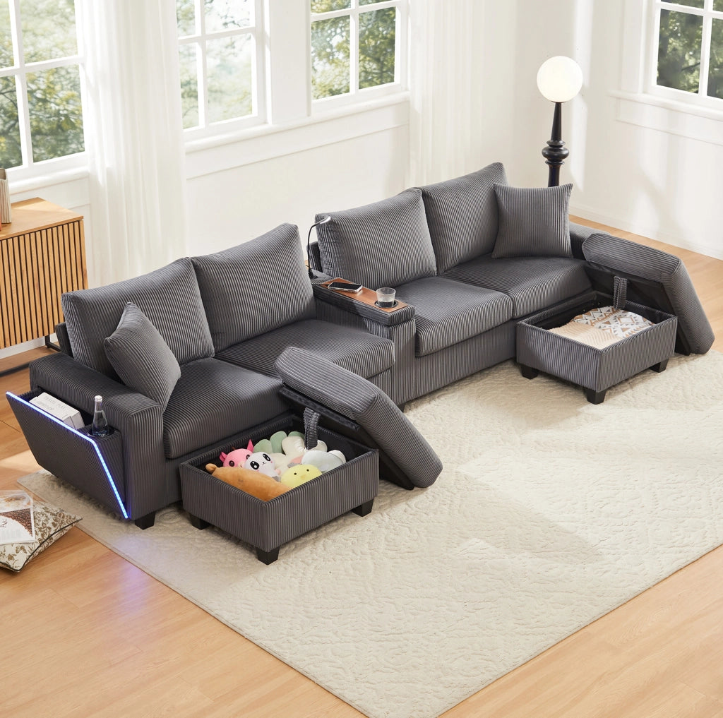 Divano a U in velluto a coste grigio con LED, USB/Type-C e 2 pouf