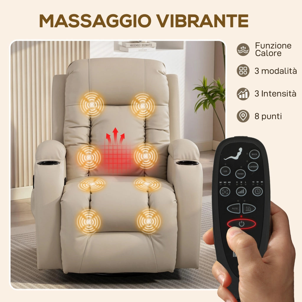 Poltrona Reclinabile Massaggiante e Riscaldata 8 Punti Massaggio e 3 Modalità con Telecomando in Pelle PU Crema