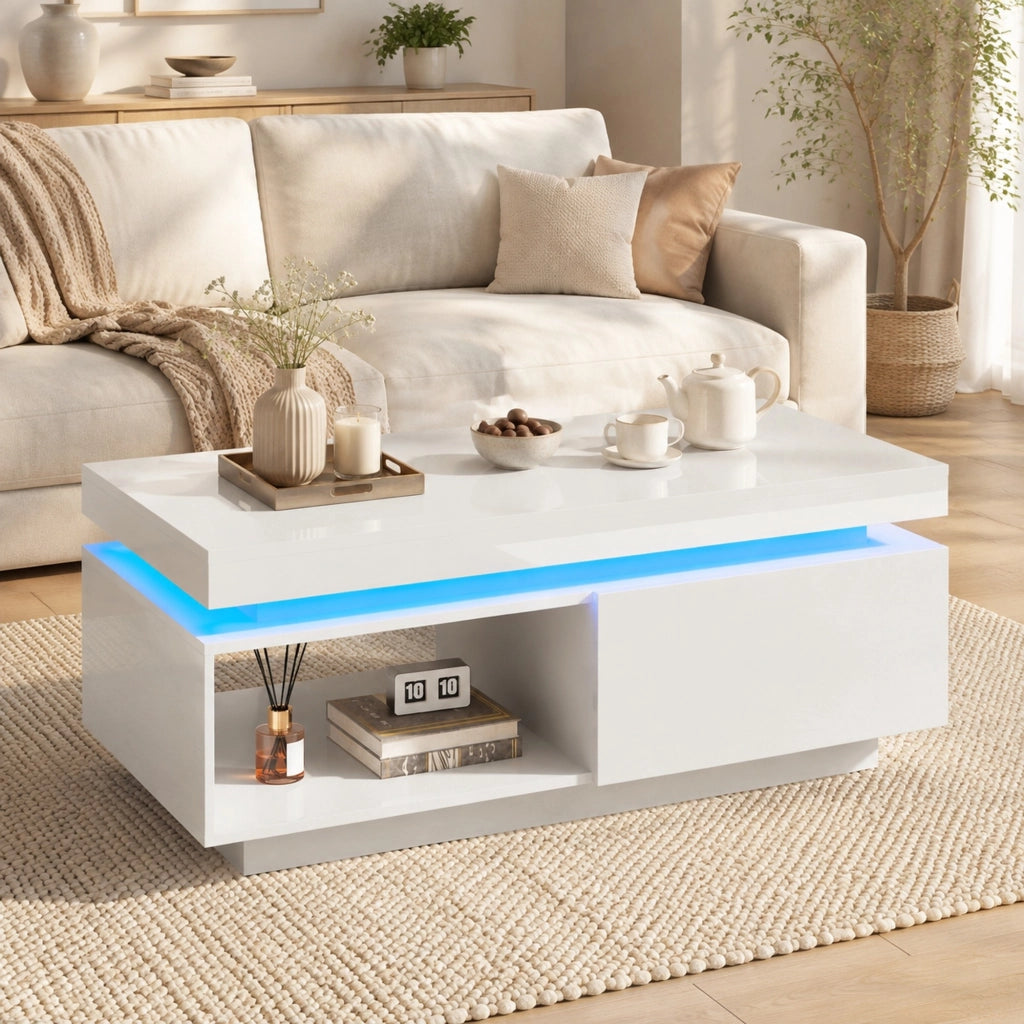 Tavolino da salotto lucido con LED e cassetto