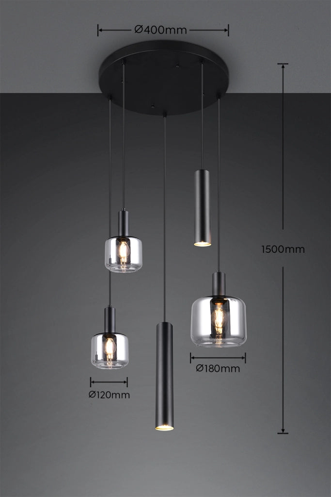 Lampada sospensione moderna nera tonda 5 luci Trio