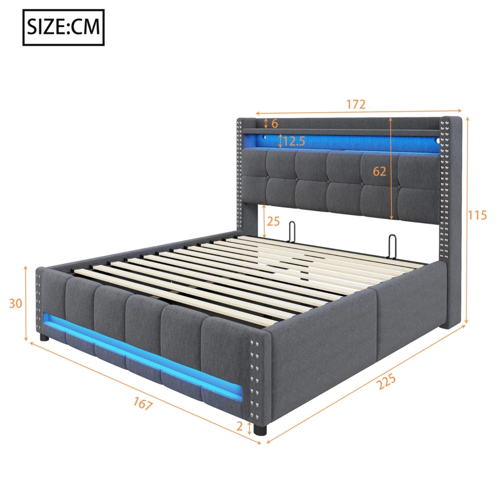 Letto imbottito 160x200 cm grigio con LED, USB, testiera con ripiani e contenitore idraulico