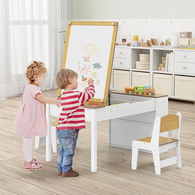 Set Tavolo da Disegno e Cavalletto per Bambini 3+ Anni con 2 Sedie, Tavolo Multifunzione in Legno con Piano Sollevabile, Rotolo di Carta, 6 Bicchieri di Vernice (Naturale)