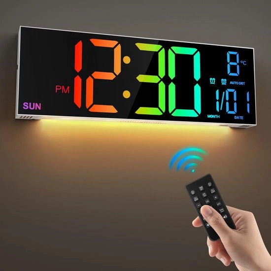 Orologio Digitale da Parete 16" con Comando a Distanza, Due Allarmi, 8 Colori RGB LED, Display Grande, Illuminazione Automatica, Data, Orario Estivo/Invernale, Temperatura