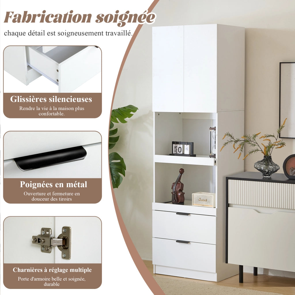Mobile dispensa da cucina con 1 anta, 2 ripiani aperti e 2 cassetti, con antiribaltamento, bianco 59,5 × 45 × 200 cm