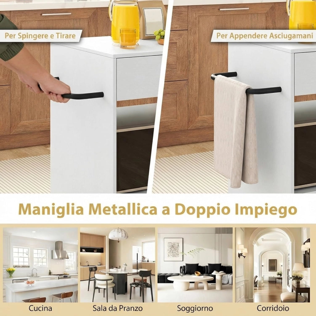 Carrello da Cucina con Ruote, Isola da Cucina con 3 Portaspezie 1 Cassetto Armadietto a 2 Porte, Carrello Portaoggetti con Portasciugamani, 82x46x92 cm (Bianco+bianco)