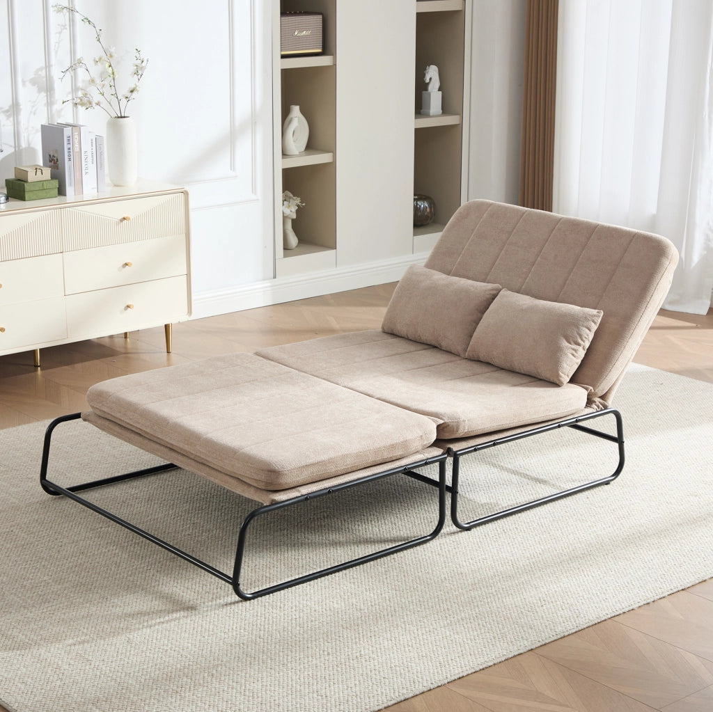 Divano letto 2 posti trasformabile in chenille kaki con struttura in metallo; 104x85x92 cm