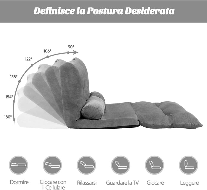 Divano da Terra, Divano Letto Multifunzionale Regolabile in 6 Posizioni con 2 Cuscini, con Fodera in Camoscio per Camera da Letto Salone Balcone (Grigio 156x173x24 cm)