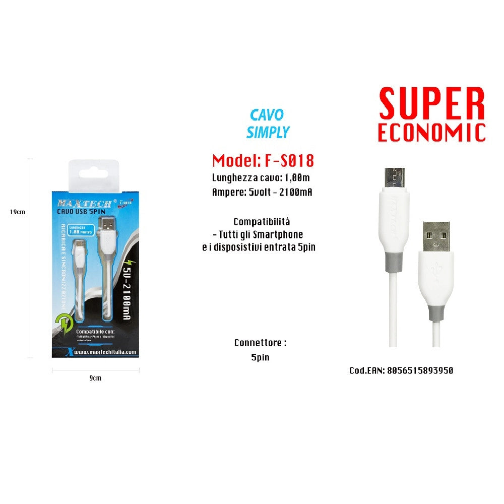 Trade Shop - Cavo Simply Usb Connettore 5pin Per Smarthphone 5volt - 2100ma 1,0mt Maxtech F-s018 -