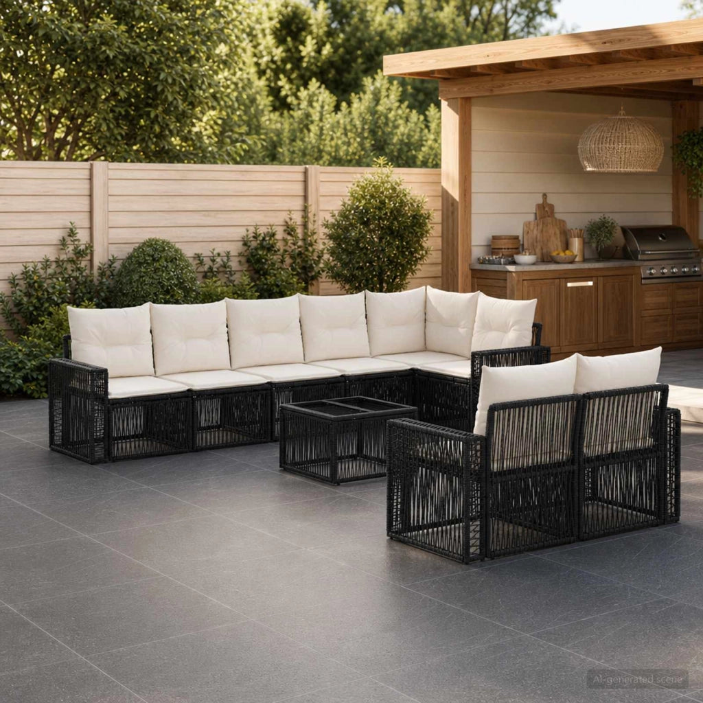 Set Divano da Giardino 9 pz Nero e Bianco Crema polyrattan 3435187