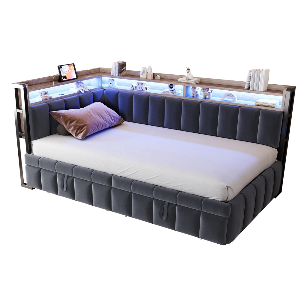 Divano letto estraibile 90x200 cm in velluto grigio scuro con LED; USB e vano portaoggetti