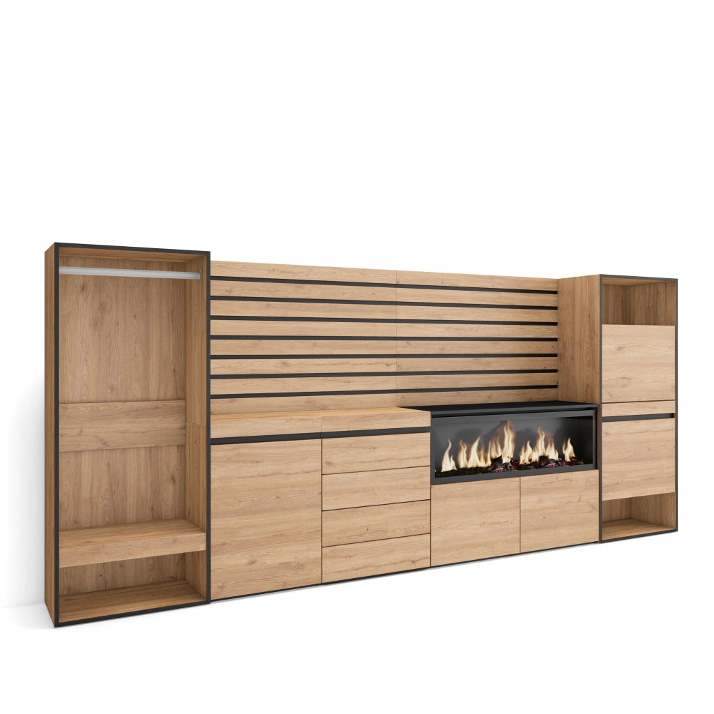 Credenza, 334x35x145cm, Camera da letto, Camino elettrico XXL, Cassettiera, Scarpiera, Armadio Aperto, colore Rovere RF3400